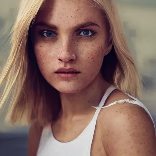 Image similar to Portrait of a Blonde Girl, Young Beautiful Face, Green Eyes, Freckles, Wearing a white crop-top and jeans, with a subtle smile, Detailed, 8K, Epic, Charming, Character, Octane Rendering, Hyper Realistic