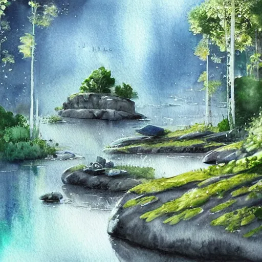 Image similar to beautiful happy picturesque charming sci - fi organic pod - like homes of the future in a beautiful natural scene. water, trees and rocks. beautiful light. soft colour scheme. beautiful artistic detailed watercolor by lurid. ( 2 0 2 2 )