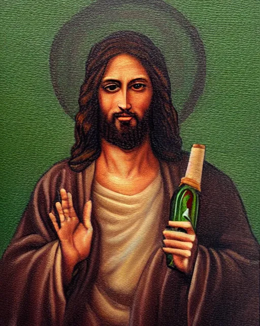 Prompt: detailed painting of jesus christ holding up a green bottle