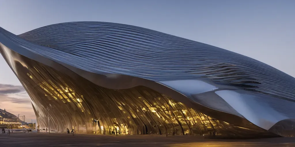 Image similar to extremely elegant smooth detailed stunning sophisticated beautiful elegant futuristic museum exterior by Zaha Hadid, smooth curvilinear design, stunning volumetric light, stainless steel, concrete, translucent material, beautiful sunset, tail lights