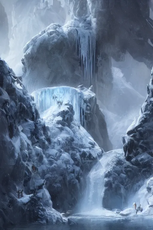 Prompt: crytal palace on top of a waterfall in the snow, blizzard, a small stream runs beneath the waterfall, landscape, raphael lacoste, eddie mendoza, alex ross, concept art, matte painting, highly detailed, rule of thirds, dynamic lighting, cinematic, detailed, denoised, centerd