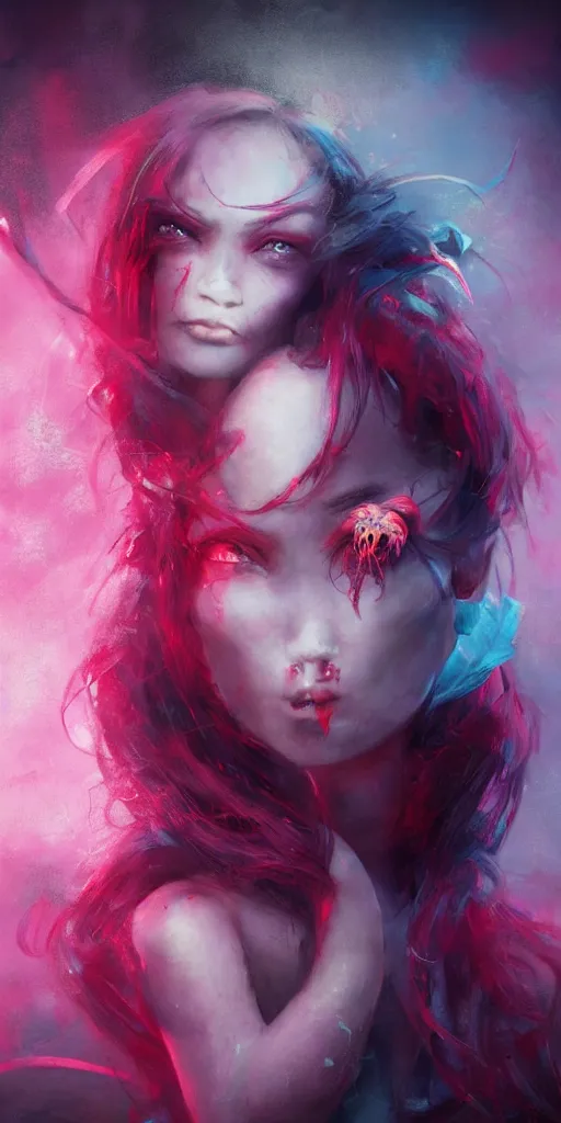 Image similar to shot of sinister girl with pouty aerochrome ( ( ( ( ( lips ) ) ) ) ), fungal, adorable, expressive eyes, playful pose of a dancer, greg rutkowski, charlie bowater, yuumei, stephen gammell, unreal 5, daz, hyperrealistic, octane render, dark, dynamic lighting, fantasy art, beautiful face