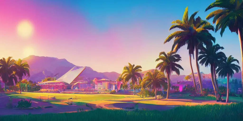 Prompt: a casino on a hill, 3 palmtrees, brightly illuminated by rays of sun, artstation, colorful sylvain sarrailh illustration