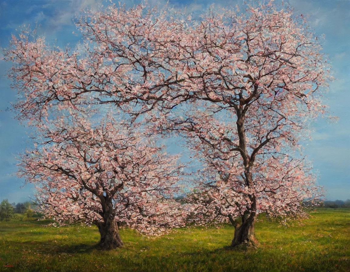 Prompt: hyper realistic oil painting of lonely fruit tree in blossom, hd, hdr, by stanisław wyspianski, ultra detailed, high resolution