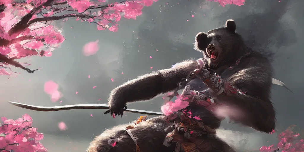 Prompt: an environmental concept art of samurai anthropomorohic black bear, samurai duel, sakura petals blowing in the wind, highly detailed, environmental light, epic, 8 k, artstation, deviantart, award winning, cinematic by francis tneh