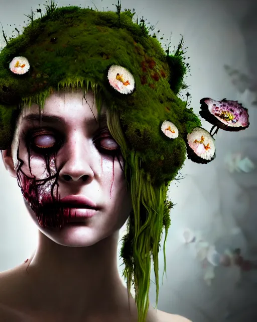 Prompt: a disturbing digital horror arthouse photograph of a beautiful crying woman with flowers moss and fungus growing out of her head and petals dripping from her eyes, intricate, sharp focus, cinematography, highly detailed, octane render, digital horror artwork, matte, photography by professional photographer