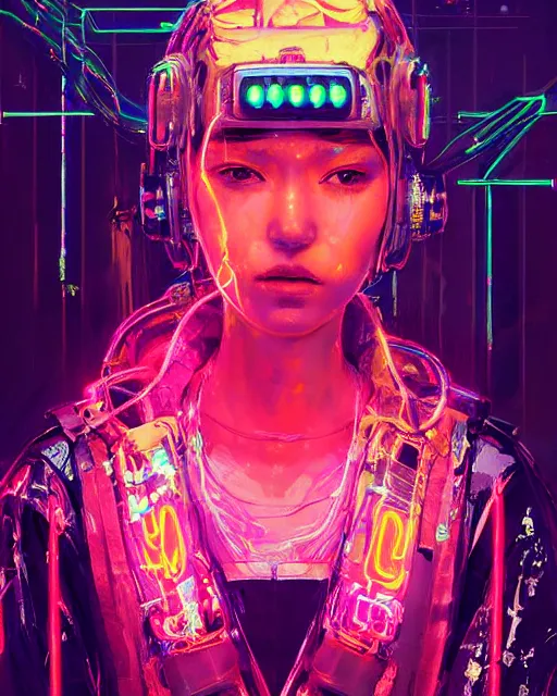 Image similar to detailed portrait Neon Operator Girl cyberpunk futuristic neon Reflective puffy coat, decorated with traditional japanese ornaments by ismail inceoglu dragan bibin hans thoma greg rutkowski Alexandros Pyromallis Nekro Rene Margitte illustrated Perfect face, fine details, realistic shaded, fine-face, pretty face