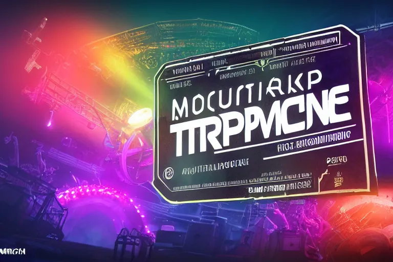 Image similar to mockup of a concert ticket, bandname is tripmachine, tour is invasion of the tripmachines, realistic digital art, 3 d render of a huge futuristic steampunk generator, 8 k, fluorescent colors, halluzinogenic, multicolored, exaggerated detailed, unreal engine