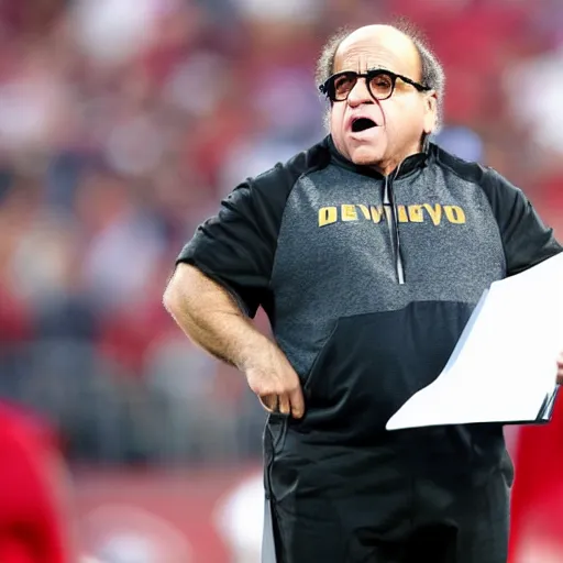 Image similar to danny devito as a nfl football coach, angry, clipboard