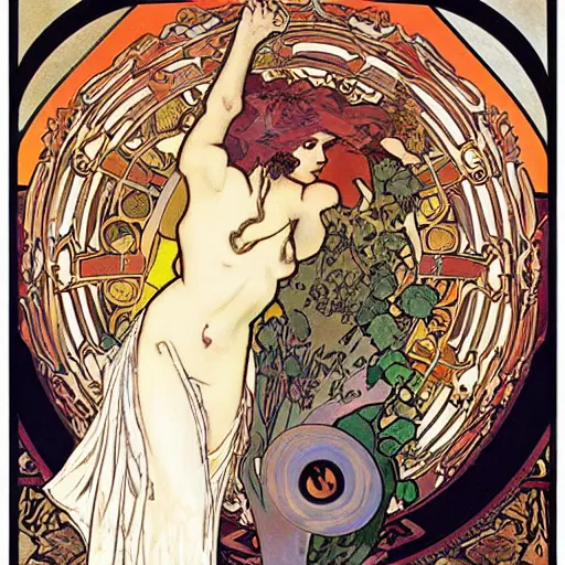 Image similar to persephone in hell, painted by alphonse mucha