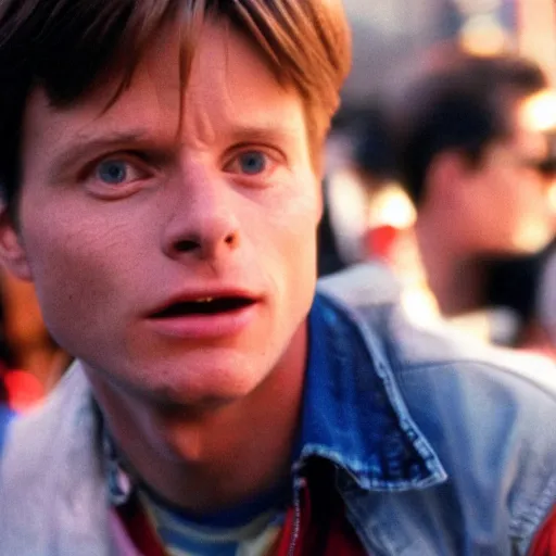 Prompt: film still, 5 0 mm, a masterpiece portrait photo of marty mcfly in a los angeles crowd, circa 1 9 9 9, sharp focus and narrow depth of field