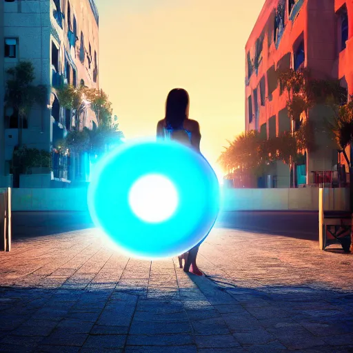 Image similar to a woman facing a blue interdimensional portal on the street, rip in spacetime beach at sunset, rutkowski, fantasy, rim lighting