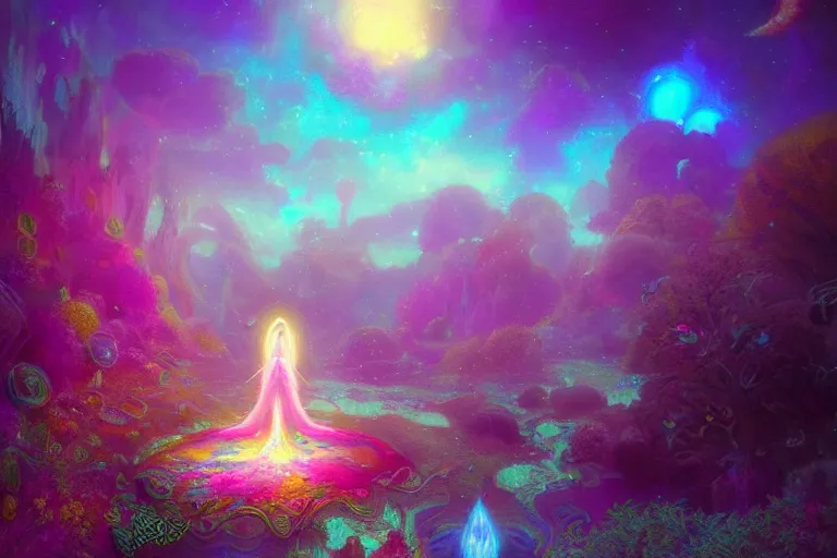 Image similar to a psychedelic realm made entirely out of love and acceptance | astral beings sharing love!!!! | in the style of greg rutkowski! | and wlop | and lisa frank! | and bob ross!!! | and ruan jia | illustration | epic | fantasy | hyper detailed | smooth | unreal engine | sharp focus | ray tracing