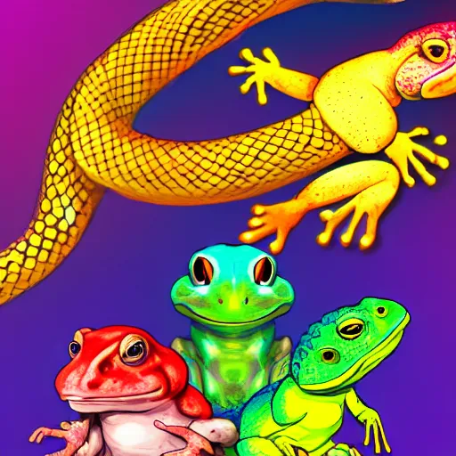 Prompt: three animals,trio, toad with wings and rainbow snake and golden lizard, trio, artstation, concept art, master illustration, details, good clear quality, fun - w 704