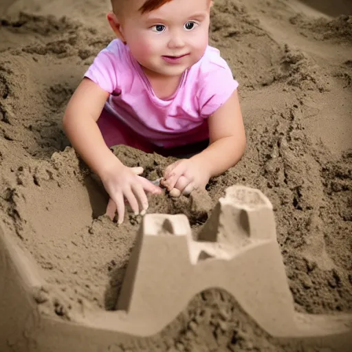 Prompt: little demon building a sandcastle, family picture
