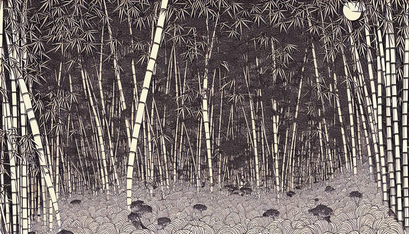 Prompt: bamboo forest by woodblock print, nicolas delort, moebius, victo ngai, josan gonzalez, kilian eng