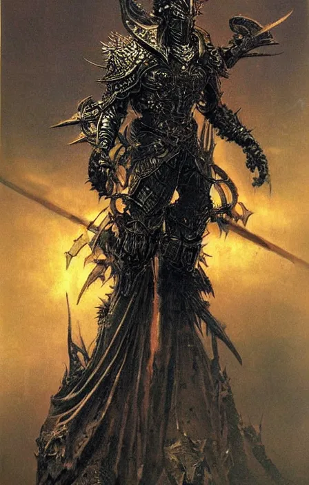 Image similar to hades in hellish ornamented armor, wearing hellish spiky war helm, beksinski, hercules concept art, weta workshop concept art