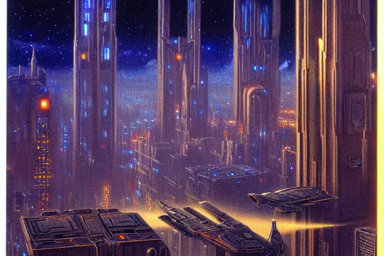Image similar to a scifi illustration, Night City on Coruscant by edward robert hughes