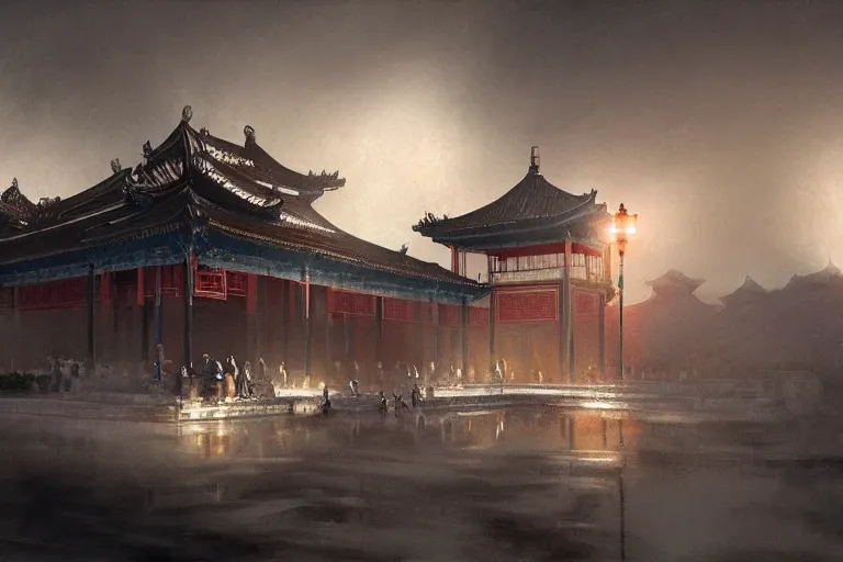 Image similar to Chinese palace, cinematic lighting, dramatic atmosphere, by Craig Mullins, 4k resolution, trending on artstation