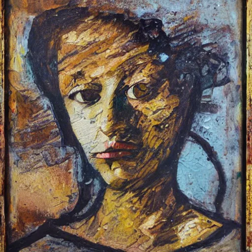 Image similar to oil paint impasto relief, portrait of woman's face, deep under water, looking up, air bubbles, multi layered thick brush marks, some splattered paint, in the style frank auerbach and leonardo da vinci and vermeer