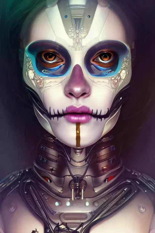 Prompt: ultra detailed portrait of a female android, eyes closed, 8 k, sci - fi, flowerpunk, fantasy, moody, calm, ( dia de los muertos ), asymmetrical, intricate concept art, art by artgerm and giger and michael welan and alphonse mucha and loish and wlop