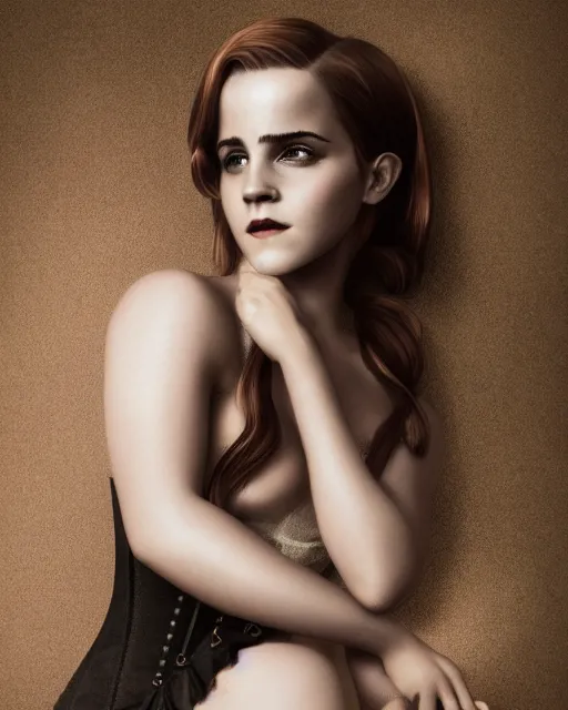 Prompt: full shot portrait painting of very beautiful emma watson standing as black maiden in stockings corset noir studio, character design by mark ryden and pixar, ue 5, daz, hyperrealistic, octane render, cosplay, rpg portrait, dynamic lighting, intricate detail, cinematic