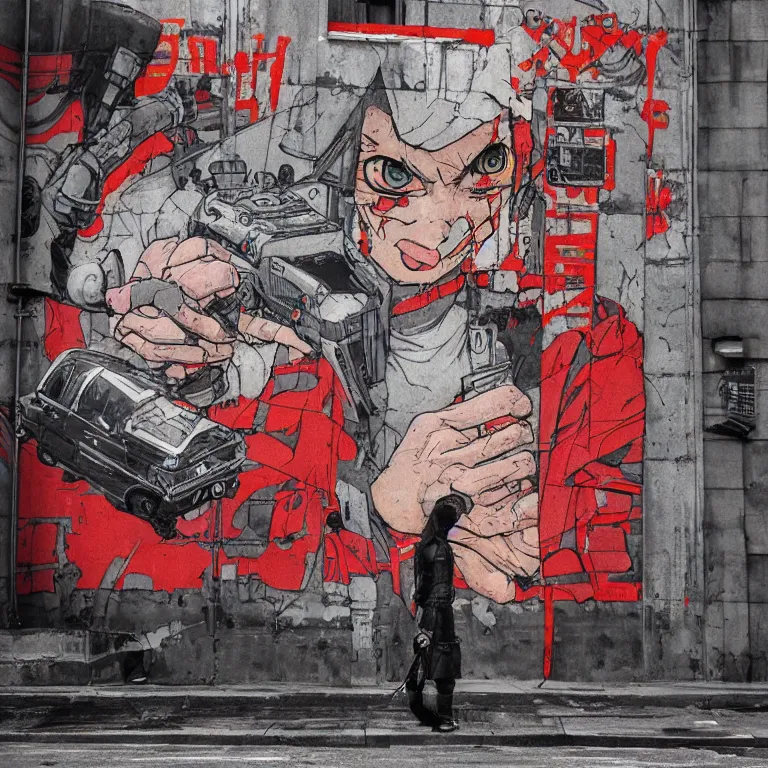 Image similar to Street-art cyberpunk Akira in style of Banksy, photorealism