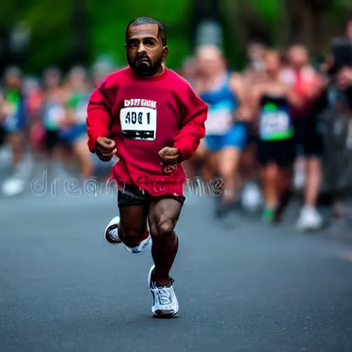 Image similar to portrait of midget kanye west running in a marathon, sharp focus, 4 k editorial photograph, soft lighting, shallow depth of field, people out of focus