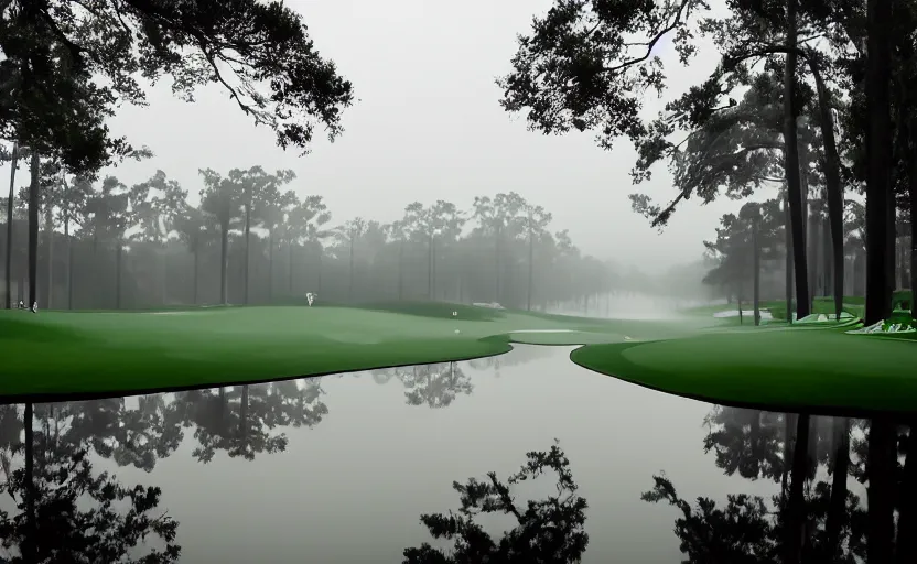 Prompt: augusta national, the masters, many beautiful flowers and magnlia trees, completely flooded with brown water during rain storm, beautiful ambient light, fog,