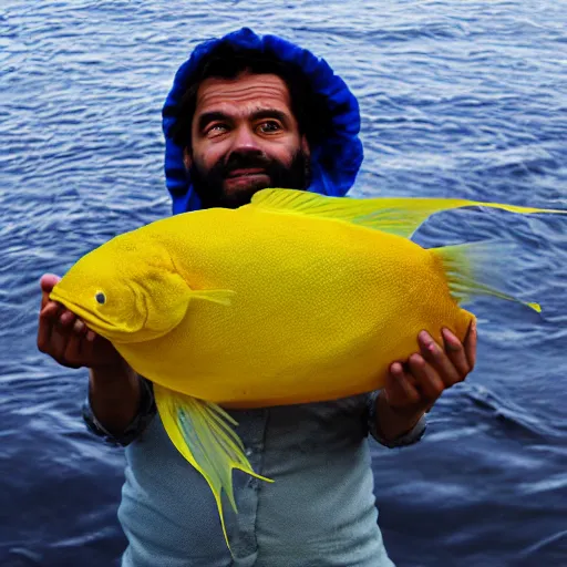 Image similar to A photo of a suprised man holding the world's mos yellow fish, realistic, ultra high detail, 8k.