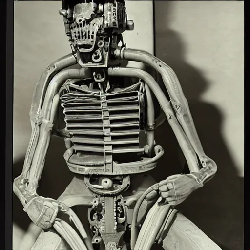 Prompt: photo. partially mechanical man. 1 9 4 2