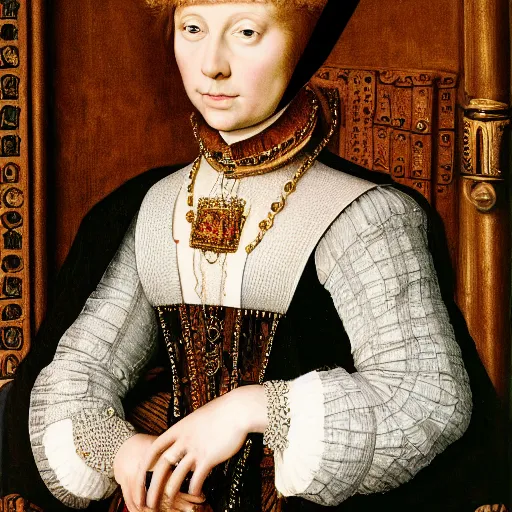 Image similar to a highly detailed portrait of taylor swift, wearing elegant tudor clothes, inside a room with thick red tapestries, oil painting by hans holbein and alessandro allori and richard burbage