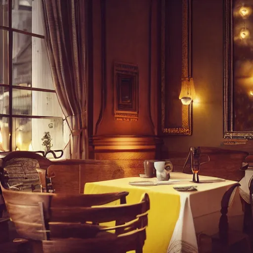 Image similar to brown cat with yellow eyes is sitting at table in a cafe at paris in early 2 0 th century. atmospheric feeling, warm colours, brown colours, yellow colours, epic scene, cinematic, very detailed, octane render