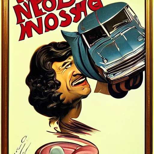 Prompt: a big nose with a wig driving a car, in the car wash. funny humorous surrealist illustration by j. c. leyendecker, detailed art