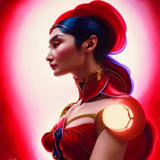 Image similar to heart evangelista as darna, volumetric lights, red and cyan theme, art nouveau botanicals, intricate, highly detailed, digital painting, artstation, concept art, smooth, sharp focus, cinematic, illustration, beautiful face, art by artgerm and greg rutkowski and alphonse mucha