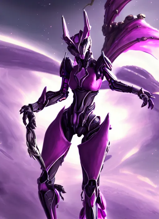 Image similar to cinematic body shot, galactic sized proportional stunning beautiful hot female warframe, sleek mecha goddess dragon head, metal ears, led purple eyes, smooth fuschia skin, smooth silver armor, floating in space, holding a galaxy, epic proportions, epic size, epic scale, furry art, dragon art, giantess art, warframe fanart, furaffinity, octane