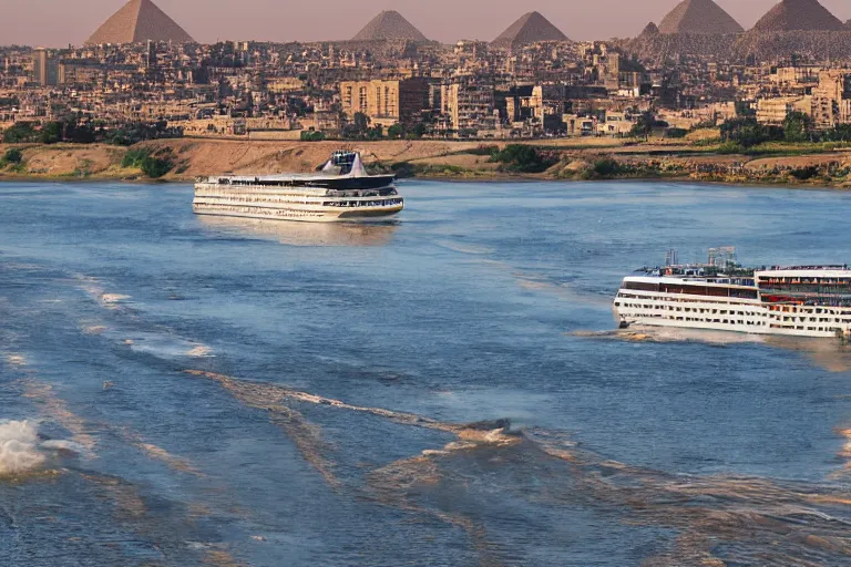 Image similar to realistic photo of the river nile, with the pyramids of giza in the background, a river flowing through the scene, cruise ship in the foreground, sunshine