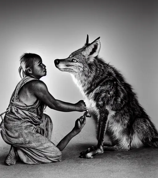 Image similar to Award winning Editorial photo of a Iroquois Native petting a wild coyote by Edward Sherriff Curtis and Lee Jeffries, 85mm ND 5, perfect lighting, gelatin silver process