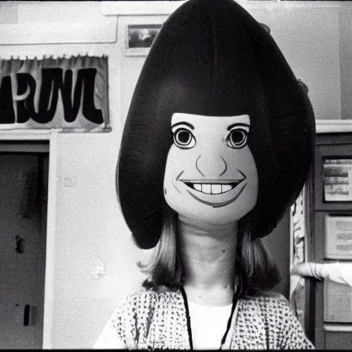 Image similar to a teenage girl with an inflatable cartoon head goes to high school live-action john waters film 1974 technicolor