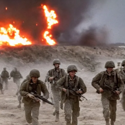 Image similar to american soldiers running at the camera during normandy beach landing with fiery explosions and debris all around them in the style of the movie lone survivor and saving private ryan, gritty, 4 k, cinematic lighting,