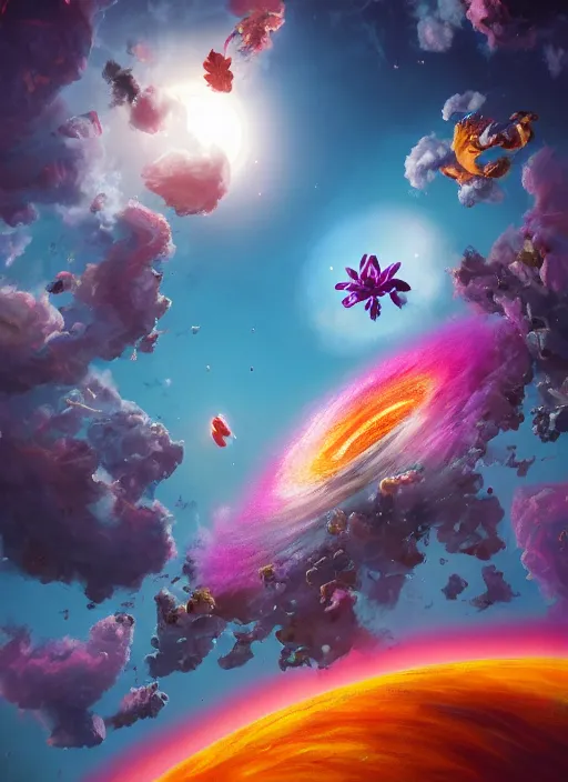 Image similar to An epic fantastic realism comic book style painting of the most beautiful flowers launched into space, bouquets hurdling toward a nebulous black hole, fisheye lens, unreal 5, DAZ, hyperrealistic, octane render, dynamic lighting