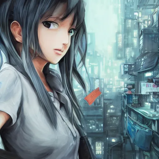 Image similar to dynamic composition, motion, ultra-detailed, incredibly detailed, a lot of details, amazing fine details and brush strokes, colorful and grayish palette, smooth, HD semirealistic anime CG concept art digital painting, watercolor oil painting of Clean and detailed post-cyberpunk sci-fi close-up schoolgirl in asian city in style of cytus and deemo, blue flame, relaxing, calm and mysterious vibes,, by a Chinese artist at ArtStation, by Huang Guangjian, Fenghua Zhong, Ruan Jia, Xin Jin and Wei Chang. Realistic artwork of a Chinese videogame, gradients, gentle an harmonic grayish colors. set in half-life 2, Matrix, GITS, Blade Runner, Neotokyo Source, Syndicate(2012), dynamic composition, beautiful with eerie vibes, very inspirational, very stylish, with gradients, surrealistic, dystopia, postapocalyptic vibes, depth of field, mist, rich cinematic atmosphere, perfect digital art, mystical journey in strange world