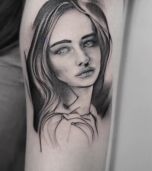 Prompt: tattoo design sketch of the most beautiful woman portrait with a background of beautiful mountains on the side, hyper - realistic, double exposure effect, in the style of den yakovlev, amazing detail, black and white, faded