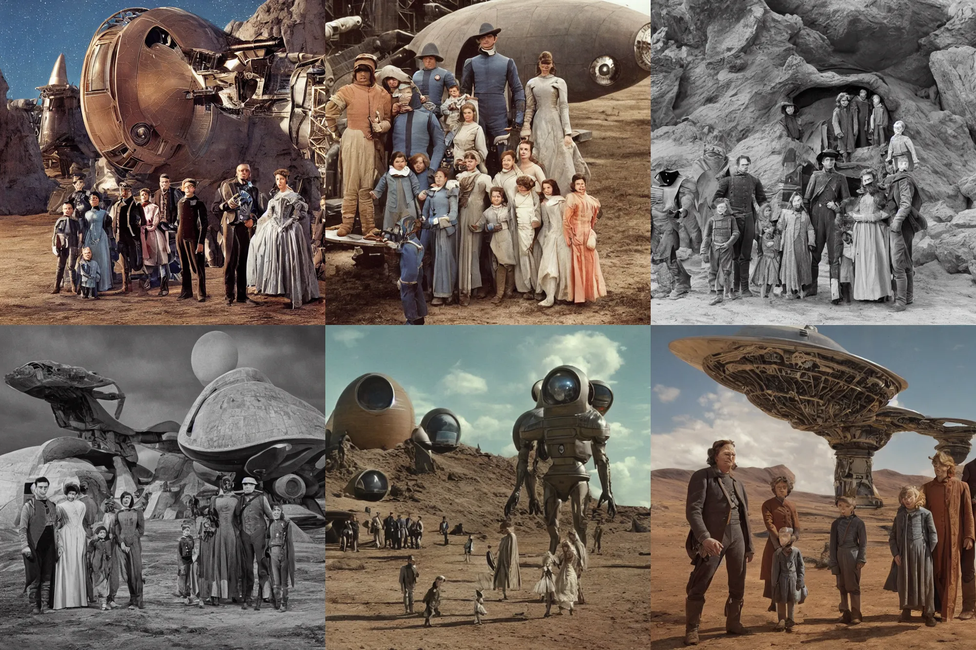 Prompt: highly detailed, 68719476736k film still from a sci fi blockbuster color movie made in 2019, set in 1860, of a family standing in front of a spaceship that has just landed on an alien planet, a humanoid alien creature stands nearby, the family are all wearing 1860s era clothes, in focus, good lighting, good photography, ultra high definition