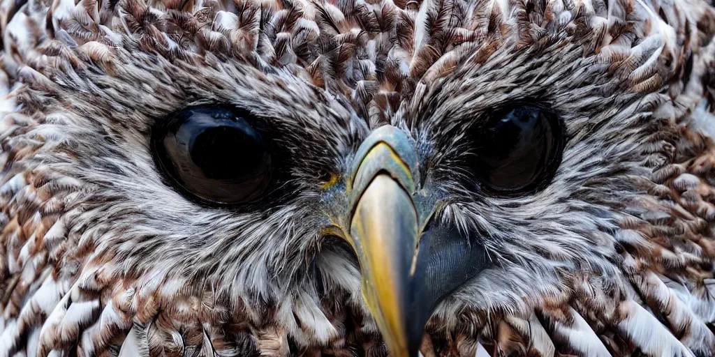 Image similar to scenic photo of a bird of prey, covered in feathers. focus on the beak. intricate eyes. extremely large wings. extreme detail, hyperrealistic photo