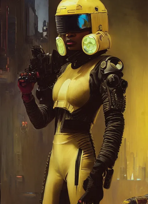 Image similar to Isabel igwe. cyberpunk mercenary wearing a futuristic helmet and combat jumpsuit. (Cyberpunk 2077, bladerunner 2049). Iranian orientalist portrait by john william waterhouse and Edwin Longsden Long and Theodore Ralli and Nasreddine Dinet, oil on canvas. Cinematic, vivid colors, hyper realism, realistic proportions, dramatic lighting, high detail 4k