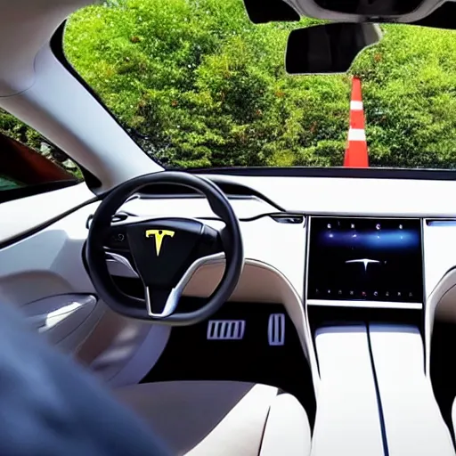 Prompt: “Elon musk the discord moderator who is so white from no sunlight. Eyes red from looking at the screen for too long. Sitting in his Tesla using the car screen as a computer.”