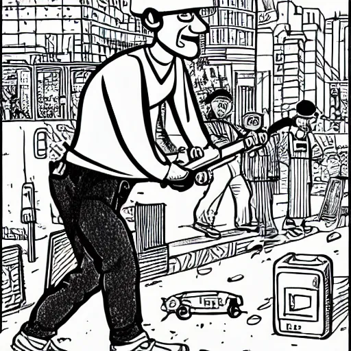 Image similar to a man carrying boltcutters. childrens coloring book, chris ware, nick drnaso, stylised graphic novel, black and white, coloring pages