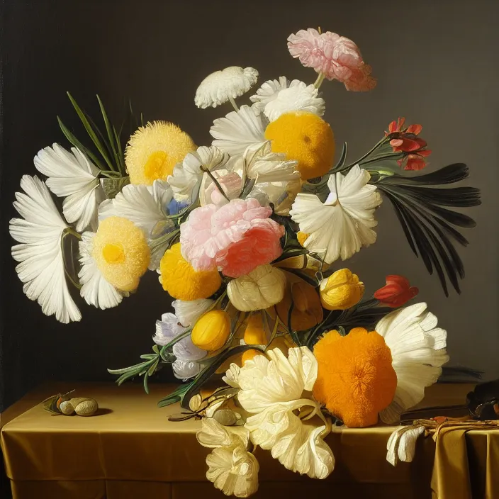 Image similar to still life painting of a beautiful bouquet of flowers by pieter claesz, palm trees in the background, oil on canvas, strong lighting, highly detailed, hyper realism, golden hour, god rays, hd, 4 k