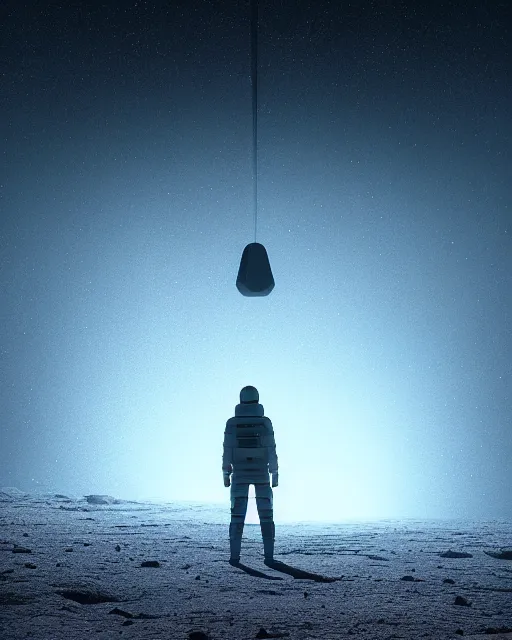 Image similar to a person standing in front of a glowy open door that's on a barren moon, poster art by mike winkelmann, trending on cg society, space art, sci - fi, ue 5, futuristic, volumetric lighting